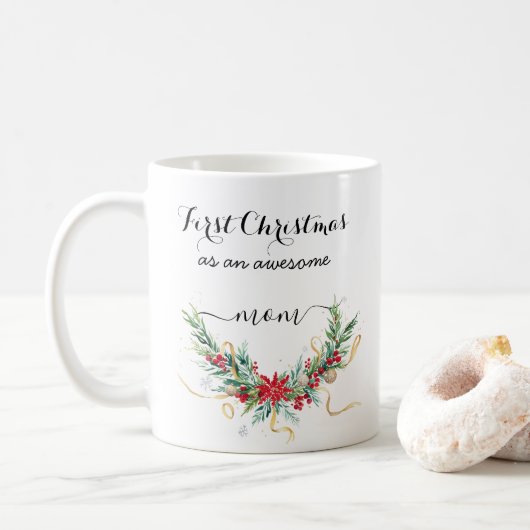 Floral Red Christmas Wreath | Erste Weihnachten Kaffeetasse (Mit Donut)