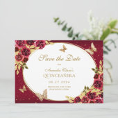 Floral Red Gold Butterfly Quinceanera Announcement Save The Date (Stehend Vorderseite)
