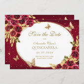 Floral Red Gold Butterfly Quinceanera Announcement Save The Date (Vorne/Hinten)