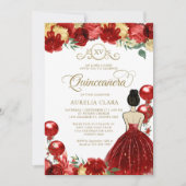 Floral Red Gold Princess XV Quinceañera Birthday Einladung (Vorderseite)