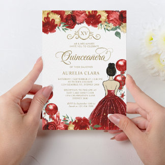 Floral Red Gold Princess XV Quinceañera Birthday Einladung