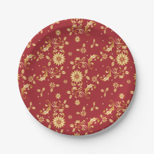 Floral Red Gold Stars Weihnachts-Party Metallic Pappteller