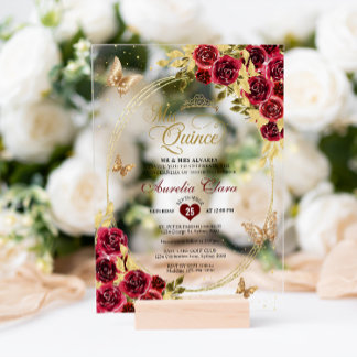 Floral Red Gold Tiara Butterfly Mis Quinceañera Acryleinladungen