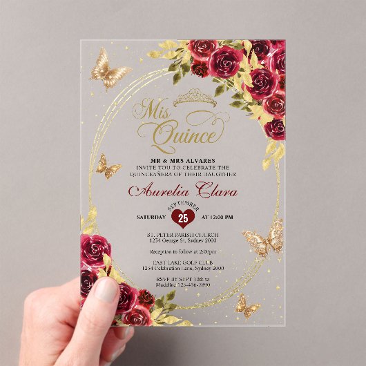 Floral Red Gold Tiara Butterfly Mis Quinceañera Acryleinladungen (Insitu (Handheld))