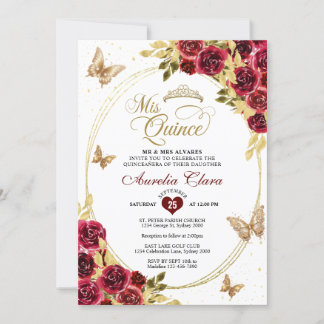 Floral Red Gold Tiara Butterfly Mis Quinceañera Einladung