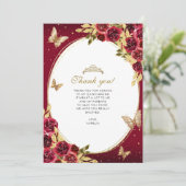Floral Red Gold Tiara Butterfly Photo Quinceañera Dankeskarte (Stehend Vorderseite)