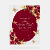 Floral Red Gold Tiara Butterfly Quinceañera Acrylschild (Vorderseite)