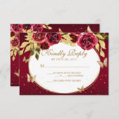 Floral Red Gold Tiara Butterfly Quinceañera RSVP Karte (Vorne/Hinten)