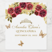 Floral Red Gold Tiara Butterfly Quinceañera Weinetikett (Einzelnes Label)