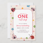 Floral Red Pink One Cute Bug Ladybug 1st Birthday Einladung (Vorderseite)