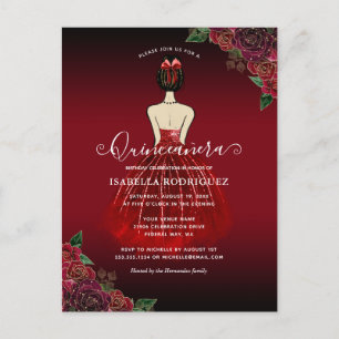 Floral Red Princess Gold Birthday Quinceañera Postkarte