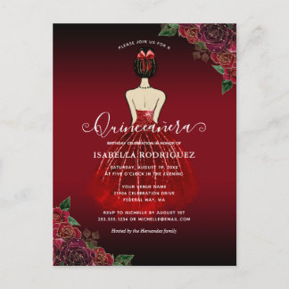 Floral Red Princess Gold Birthday Quinceañera Postkarte