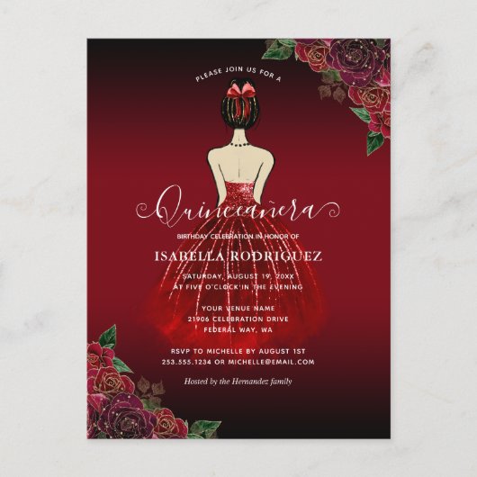 Floral Red Princess Gold Birthday Quinceañera Postkarte (Vorderseite)