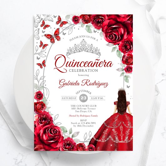 Floral Red Silver Quinceanera Einladung