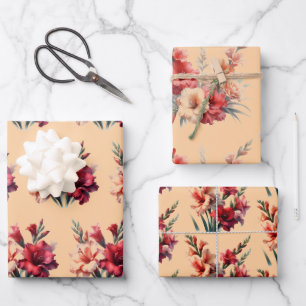 Floral Red und Peach Gladiolus Geschenkpapier Set