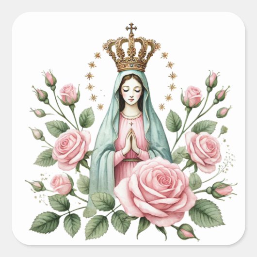 Floral Religious Mutter Mary Pink Roses Quadratischer Aufkleber (Vorderseite)