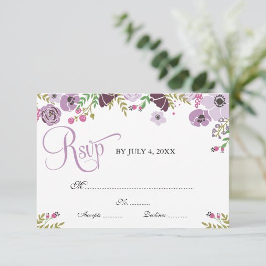 Floral Response Card | Lila RSVP Karte (Stehend Vorderseite)