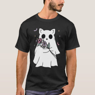 Floral Retro Groovy Ghost Cat Halloween Kitten Cos T-Shirt