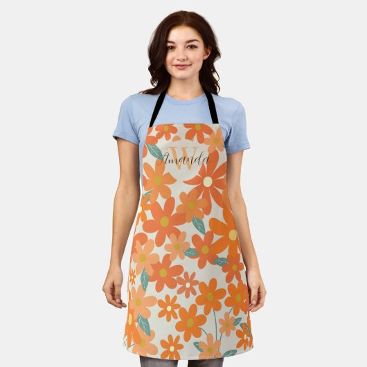Floral Retro Groovy Orange Monogramm Name Schürze (Getragen)