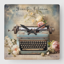 Floral Retro Vintage Schreibmaschinenanlegestelle Quadratische Wanduhr