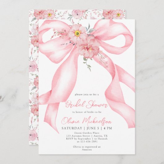 Floral Ribbon Pink Bow Boho Coquette Brautparty Einladung (Vorne/Hinten)