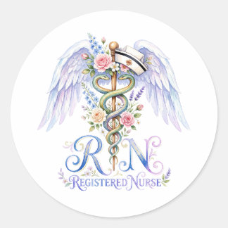 Floral RN Registered Nurse Angel Wings Watercolor  Runder Aufkleber