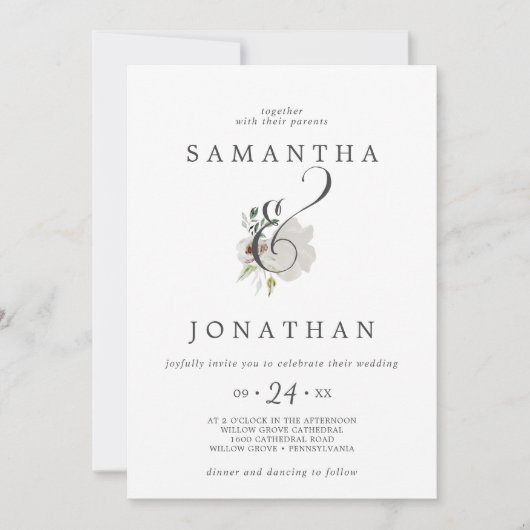 Floral Romance Ampersand Hochzeit Einladung (Vorderseite)