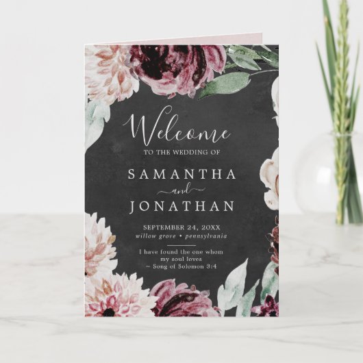 Floral Romance | Graue geklappte Hochzeit Programm (Vorderseite)