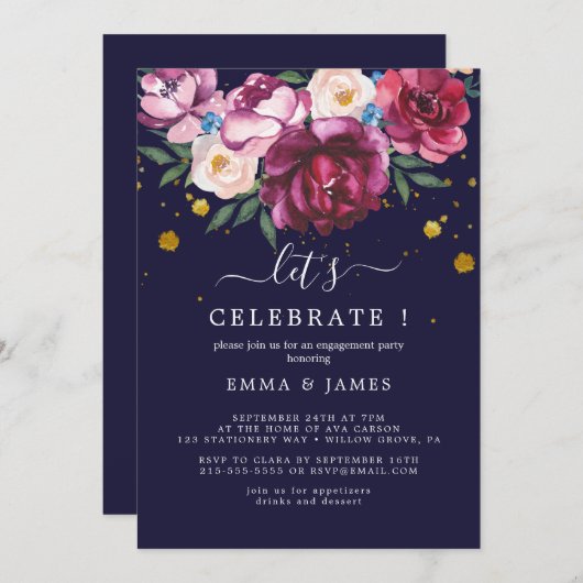 Floral Romance | Graue "Let's Celebrate"-Einladung Einladung (Vorne/Hinten)