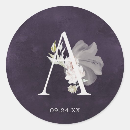Floral Romance Letter A Monogram Plum Wedding Sieg Runder Aufkleber (Vorderseite)