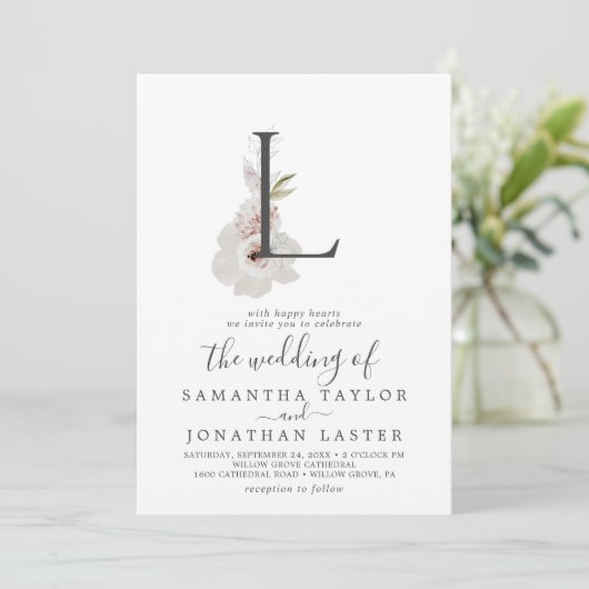 Floral Romance Letter L Monogram Wedding Einladung (Stehend Vorderseite)