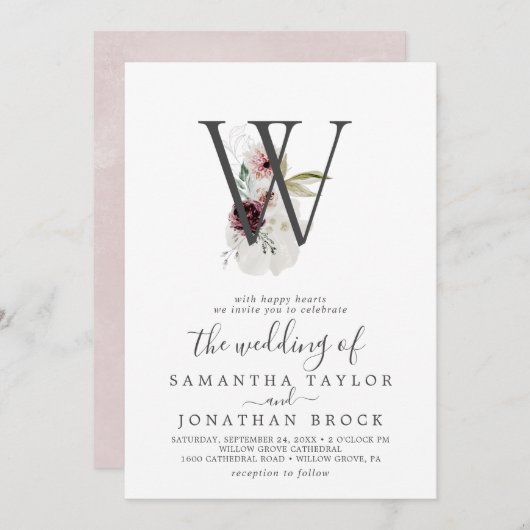 Floral Romance Letter W Blush Monogram Wedding Einladung (Vorne/Hinten)