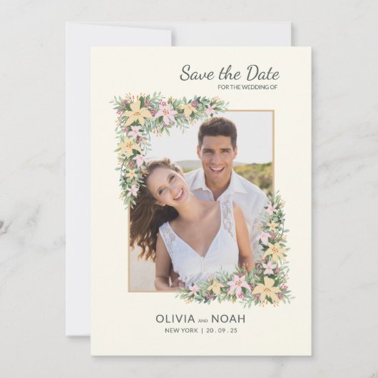 Floral Romance Photo Save the Date Card (Vorderseite)