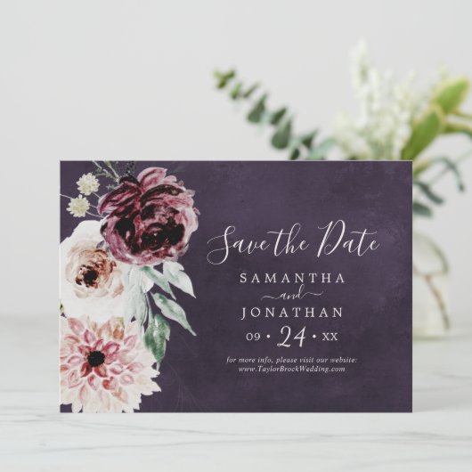 Floral Romance | Plum Horizontal Save The Date (Stehend Vorderseite)