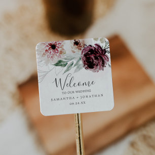Floral Romance Wedding Welcome Quadratischer Aufkleber