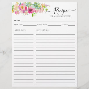 Floral Rosa Aquarell Küche Rezept Flyer