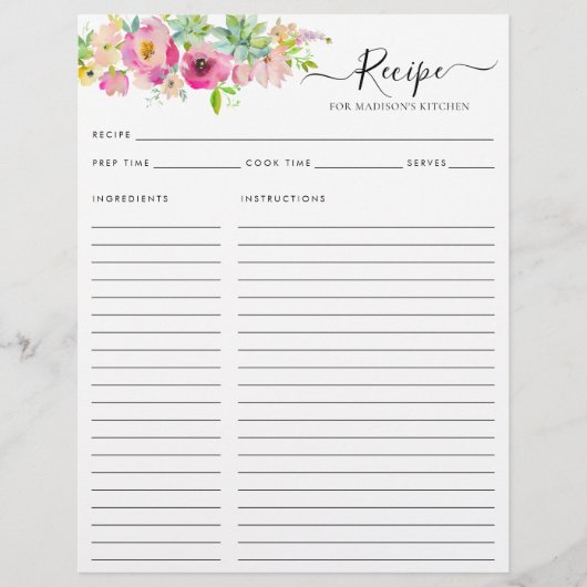 Floral Rosa Aquarell Küche Rezept Flyer (Vorne)