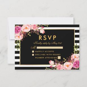 Floral Rosa Hauch Gold Schwarz RSVP Hochzeit Karte