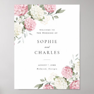 Floral Rosa Hortensien Hochzeits Willkommensschild Poster