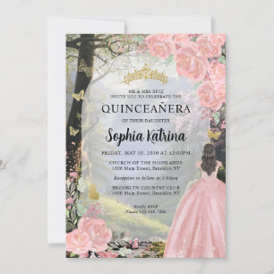 Floral Rosa Prinzessin Wald Geburtstag Quinceanera Einladung