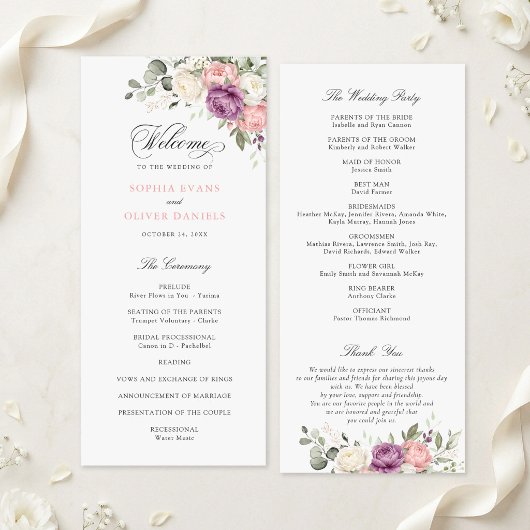 Floral rosafarben lila grün Hochzeitsprogramm Programm