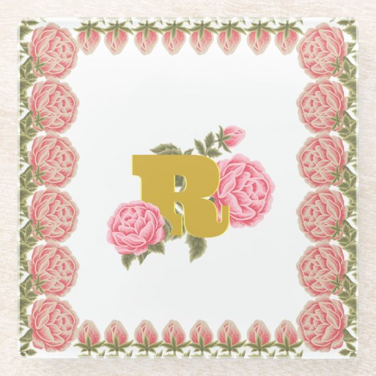 Floral Rose Anfangsbuchstabe Monogramm Name Couple Glasuntersetzer (Vorderseite)