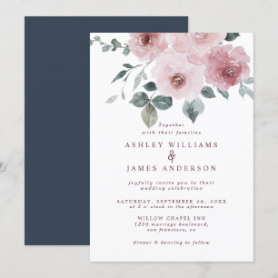 Floral Rose Burgundy Dark Blue Wedding Einladung