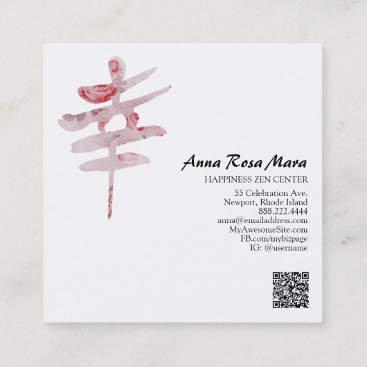 *~* Floral Rose GLÜCKLICHES Kanji Japan QR Quadratische Visitenkarte (Rückseite)