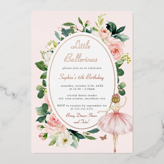 Floral Rose Gold Ballerina Kindergeburtstag Folieneinladung (Vorderseite)