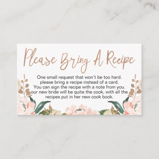 Floral Rose Gold Brautparty Rezept Card Anfrage Visitenkarte (Vorderseite)