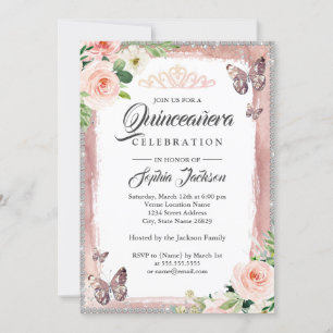 Floral Rose Gold Butterfly Sparkasse Quinceanera Einladung