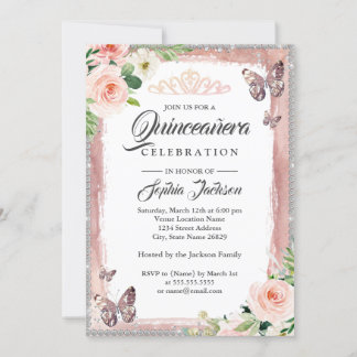 Floral Rose Gold Butterfly Sparkasse Quinceanera Einladung
