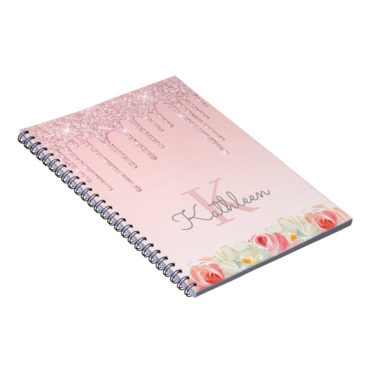 Floral Rose Gold Glitzer Tropfen Ombre Monogram Notizblock (Rechte Seite)