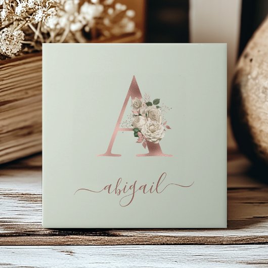 Floral Rose Gold Monogram Letter "A sage green" Fliese